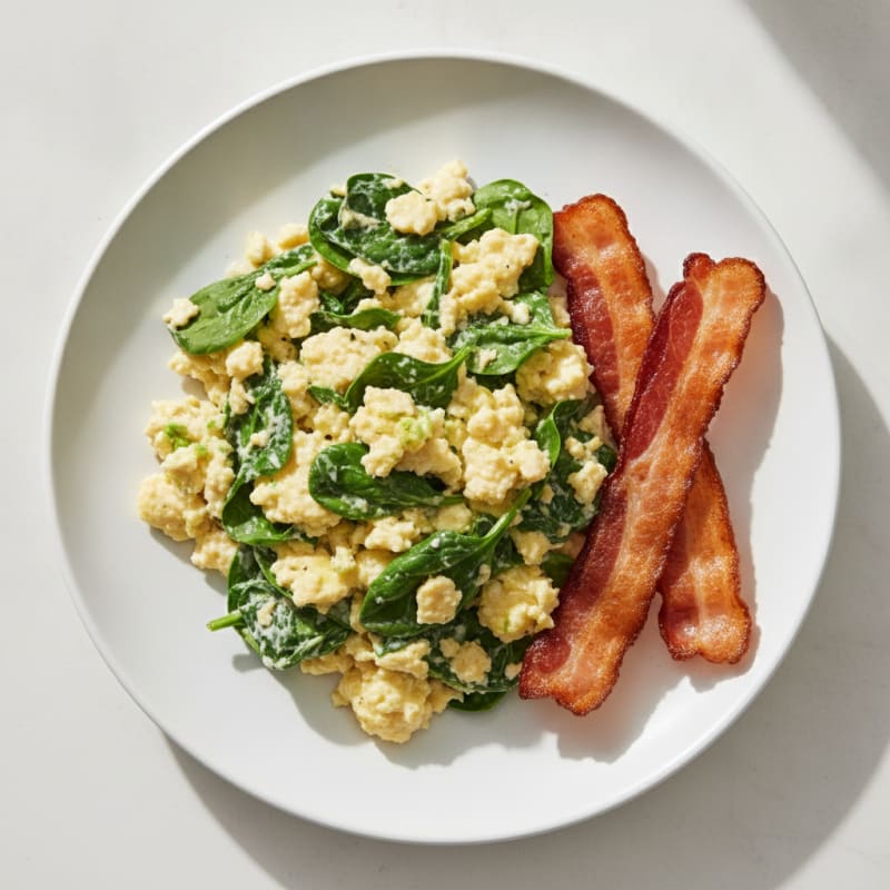 Cottage Cheese Egg Scramble with Spinach and Turkey Bacon