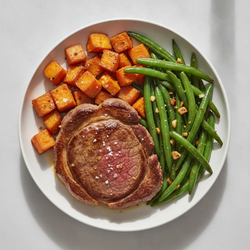 Seared Steak with Roasted Sweet Potatoes and Garlic Green Beans