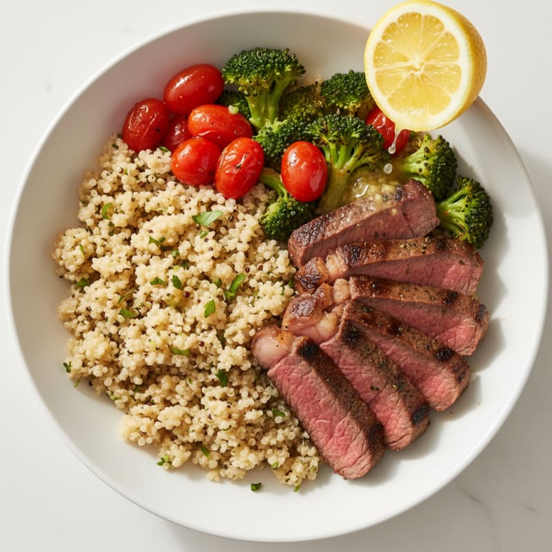 Grilled Steak Quinoa Bowl with Roasted Broccoli and Cherry Tomatoes