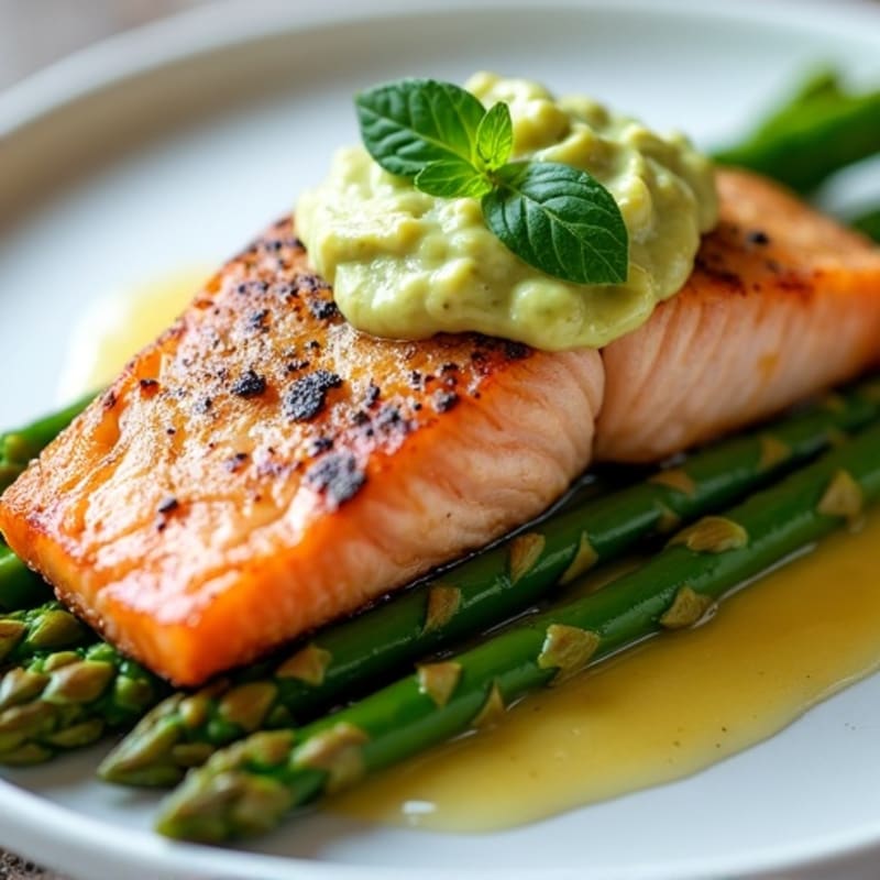 Seared Salmon with Roasted Asparagus and Creamy Avocado Sauce