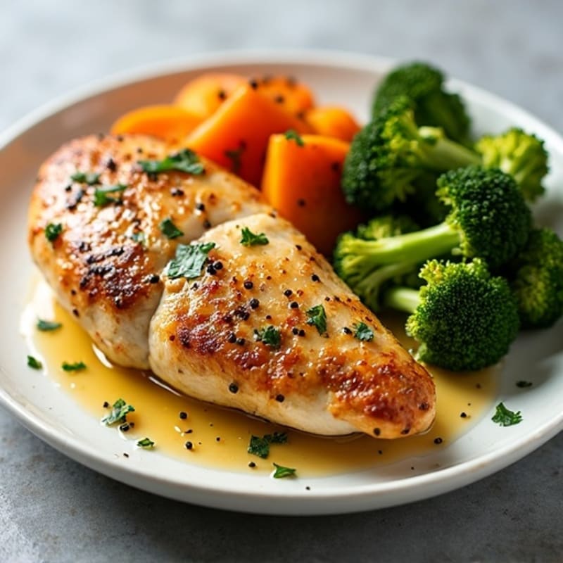 Lemon Garlic Pan-Seared Chicken with Crispy Roasted Broccoli and Sweet Potato