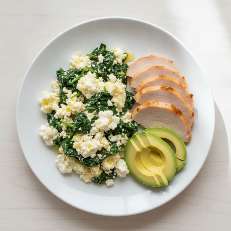 Egg White Spinach Scramble with Cottage Cheese and Sliced Turkey Breast