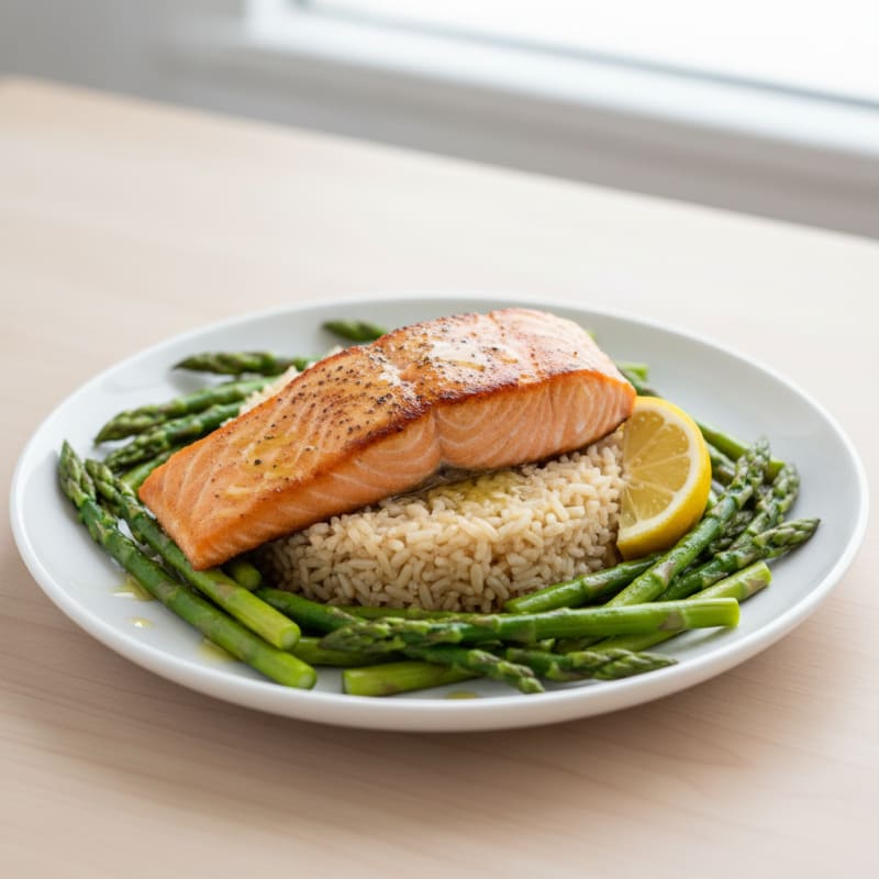 Seared Salmon Fillet with Steamed Asparagus and Brown Rice