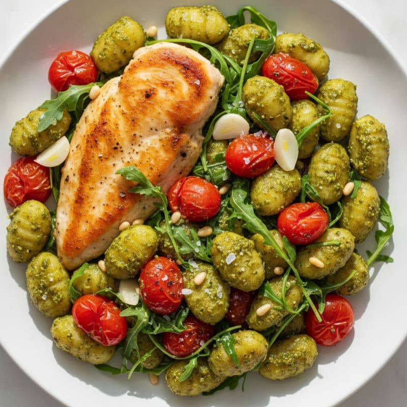 Gnocchi with Arugula Pesto and Cherry Tomatoes