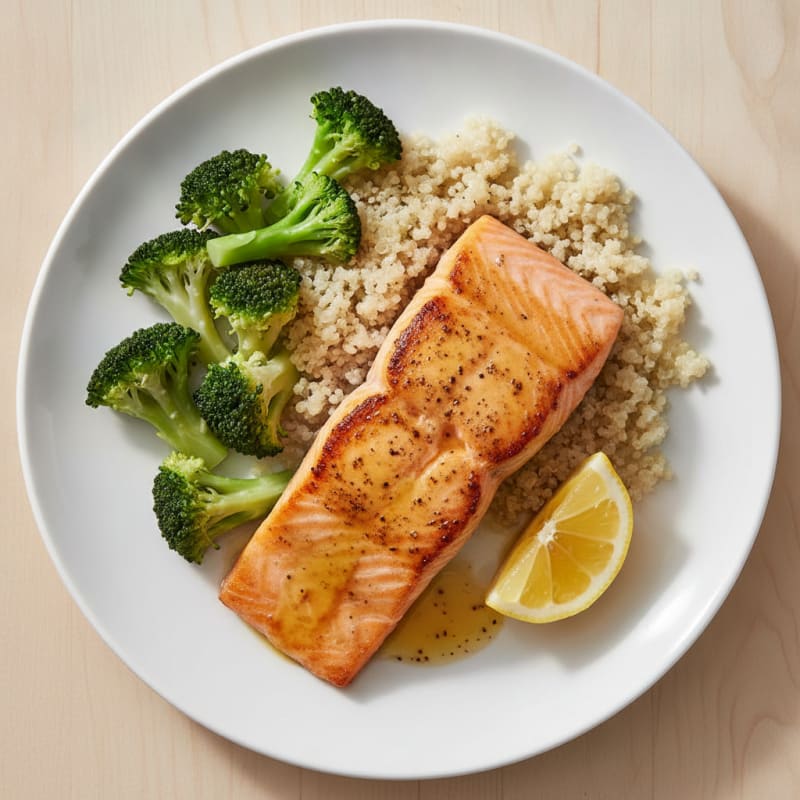Seared Salmon Fillet with Steamed Broccoli and Quinoa