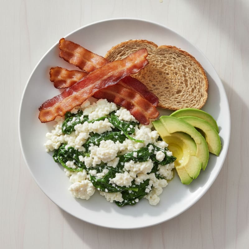 Egg White and Cottage Cheese Scramble with Spinach and Turkey Bacon