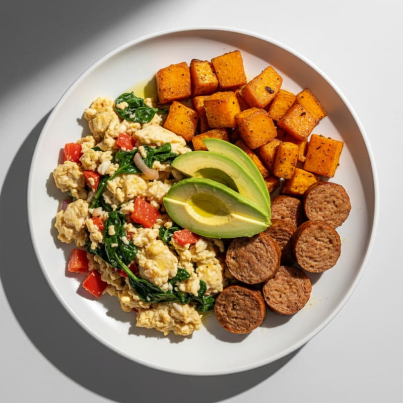 Egg White Vegetable Scramble with Roasted Sweet Potato and Turkey Sausage