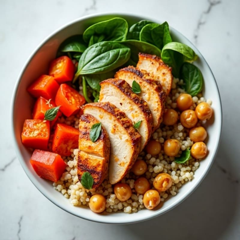 Roasted Sweet Potato Quinoa Bowl with Crispy Chickpeas and Grilled Chicken