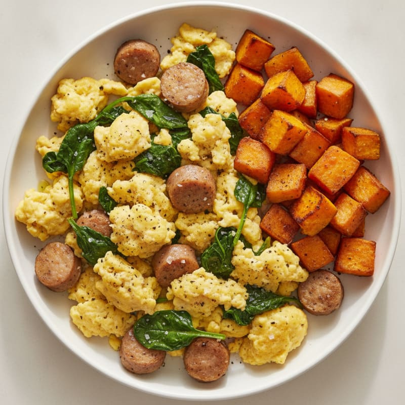 Chicken Sausage and Spinach Egg Scramble with Roasted Sweet Potato