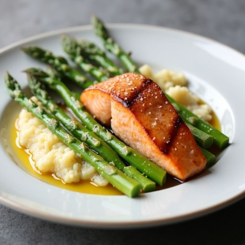 Seared Salmon with Steamed Asparagus and Cauliflower Mash