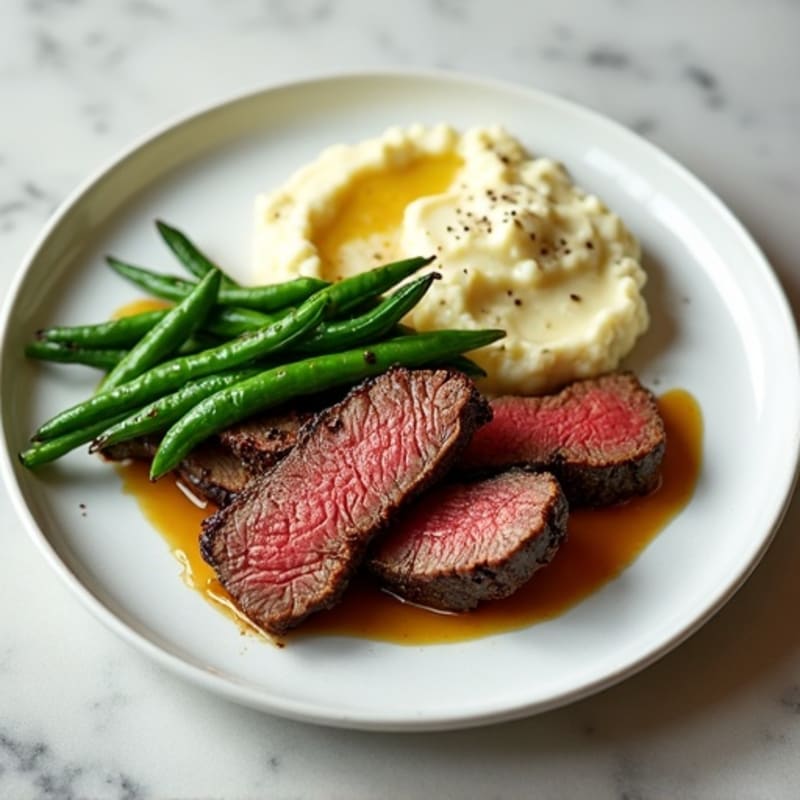 Seared Lean Beef Strips with Roasted Green Beans and Cauliflower Mash
