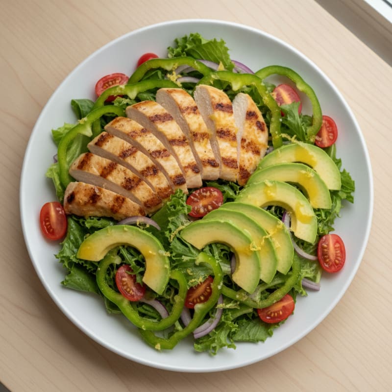 Grilled Chicken Salad with Avocado, Tomatoes, and Green Bell Peppers