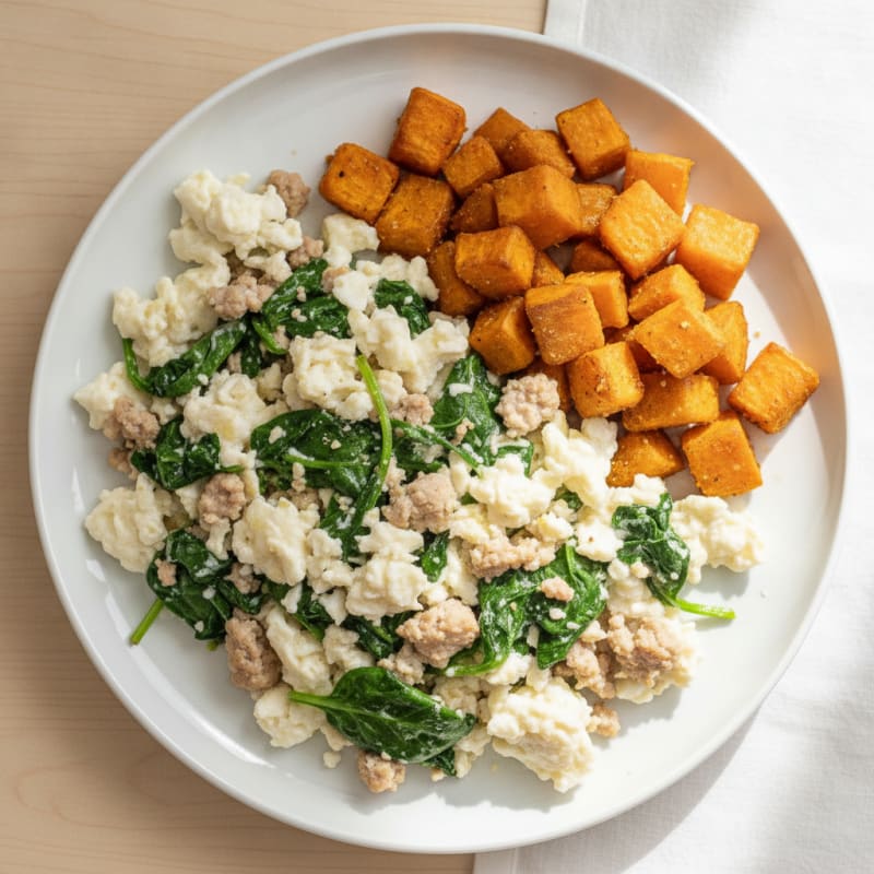 Egg White and Turkey Spinach Scramble with Roasted Sweet Potato