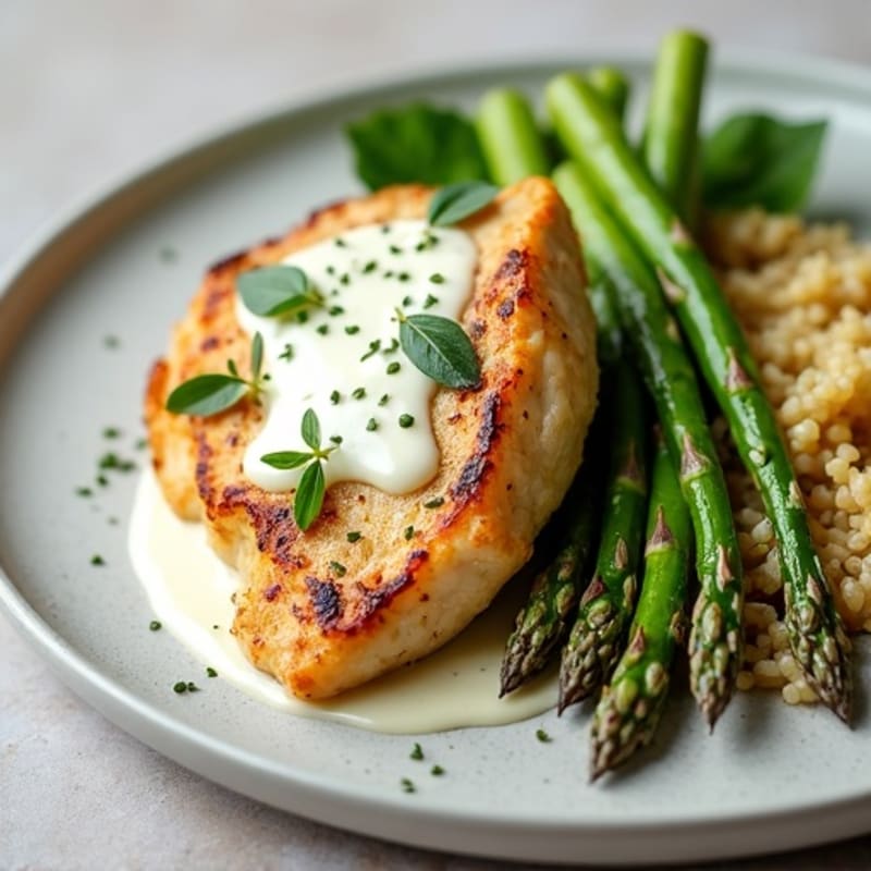 Creamy Garlic Chicken with Roasted Asparagus and Quinoa