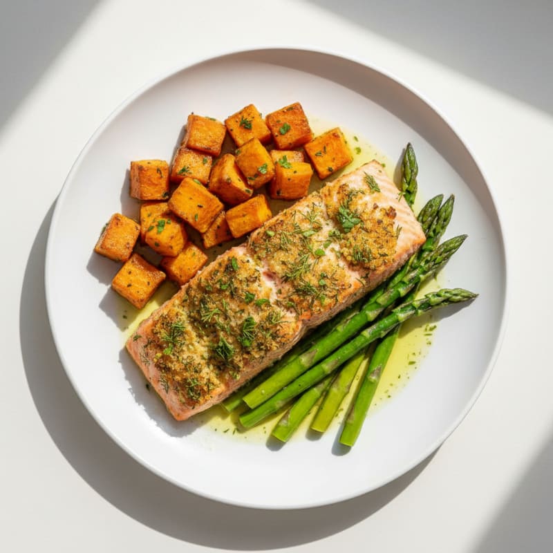 Seared Herb-Crusted Salmon with Roasted Sweet Potatoes and Asparagus