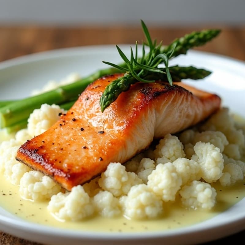 Seared Salmon with Steamed Asparagus and Cauliflower Mash