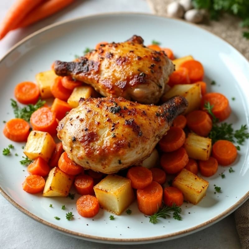Crispy Roasted Chicken Thighs with Roasted Root Vegetables