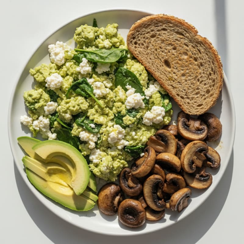 Egg White and Spinach Scramble with Cottage Cheese and Sautéed Mushrooms