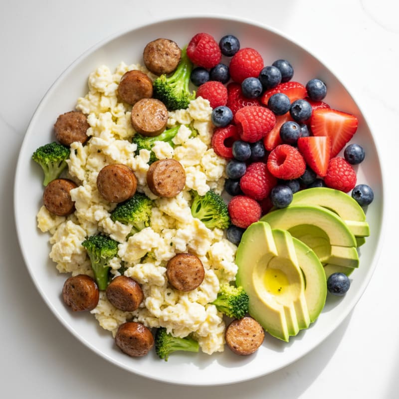 Egg White and Chicken Sausage Scramble with Broccoli and Fresh Fruit