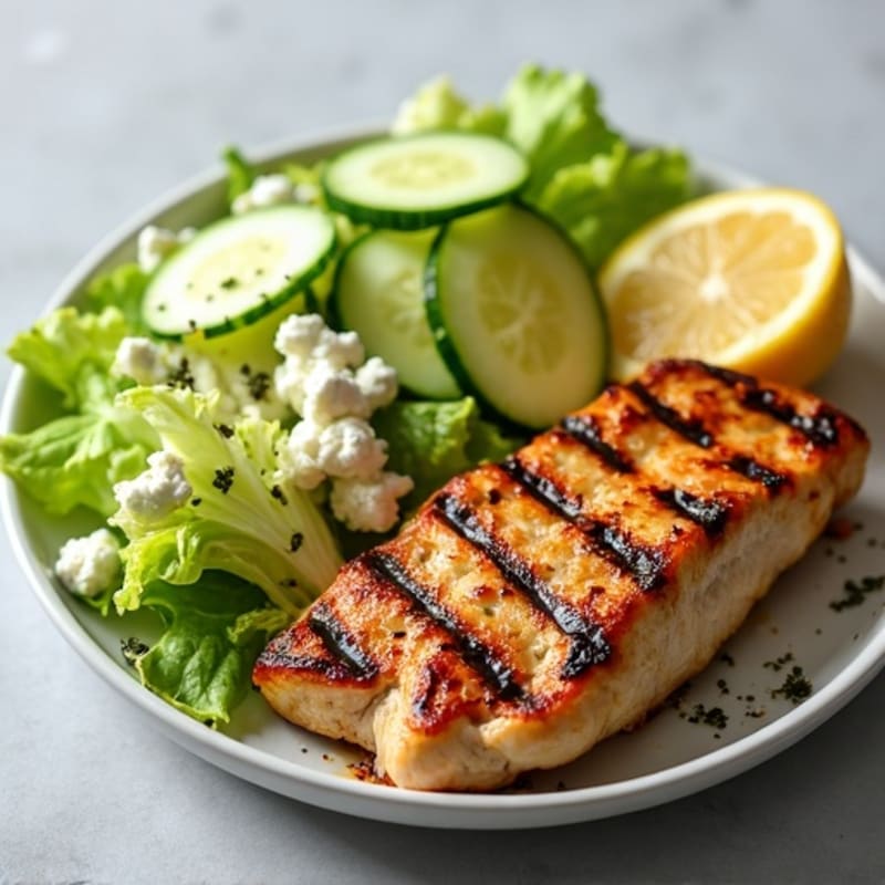 Grilled Chicken Souvlaki with Iceberg Lettuce Cucumber Salad and Greek Feta