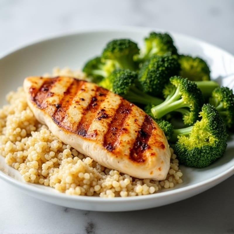 Grilled Chicken Breast with Creamy Quinoa and Roasted Broccoli