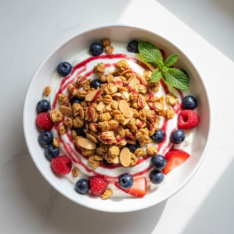 Greek Yogurt Parfait with Crunchy Almond Granola and Mixed Berries