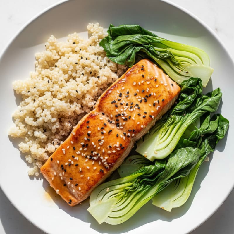 Seared Sesame Salmon with Steamed Bok Choy and Quinoa