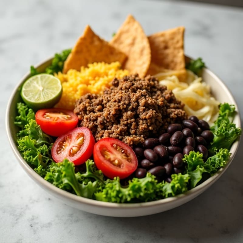 Taco Meat Power Bowl with Fresh Greens and Crispy Tortilla Strips