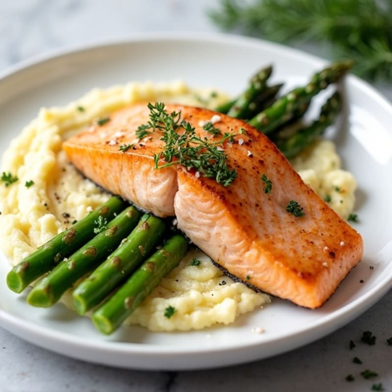 Seared Salmon Fillet with Steamed Asparagus and Garlic Mashed Cauliflower