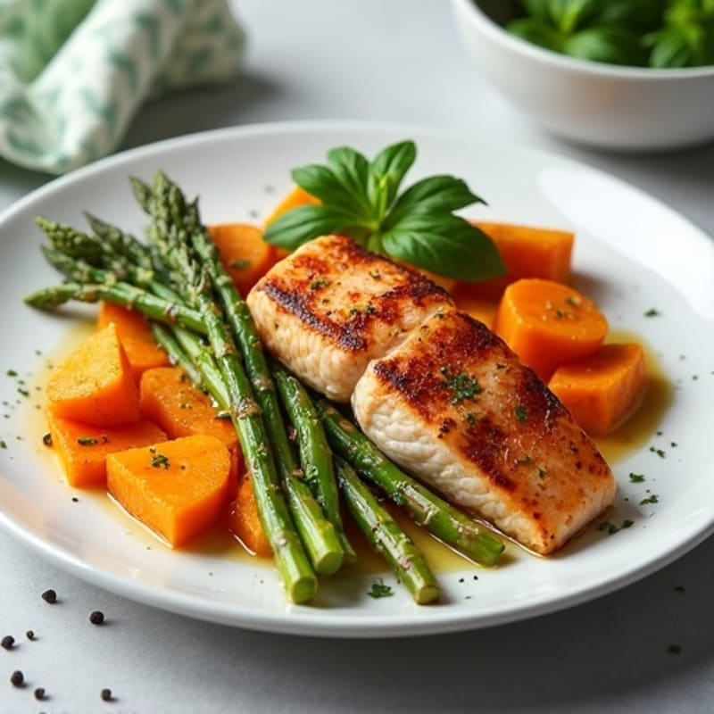 Seared Salmon with Roasted Sweet Potato and Asparagus