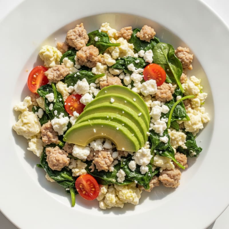 Egg White and Turkey Sausage Scramble with Sautéed Spinach
