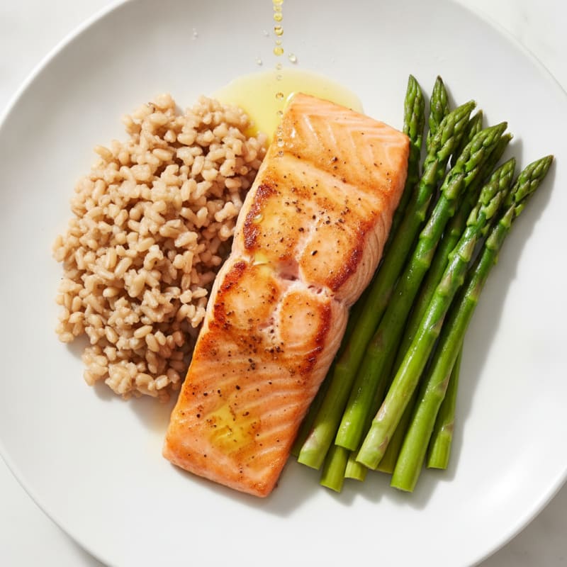 Seared Salmon Fillet with Steamed Asparagus and Brown Rice