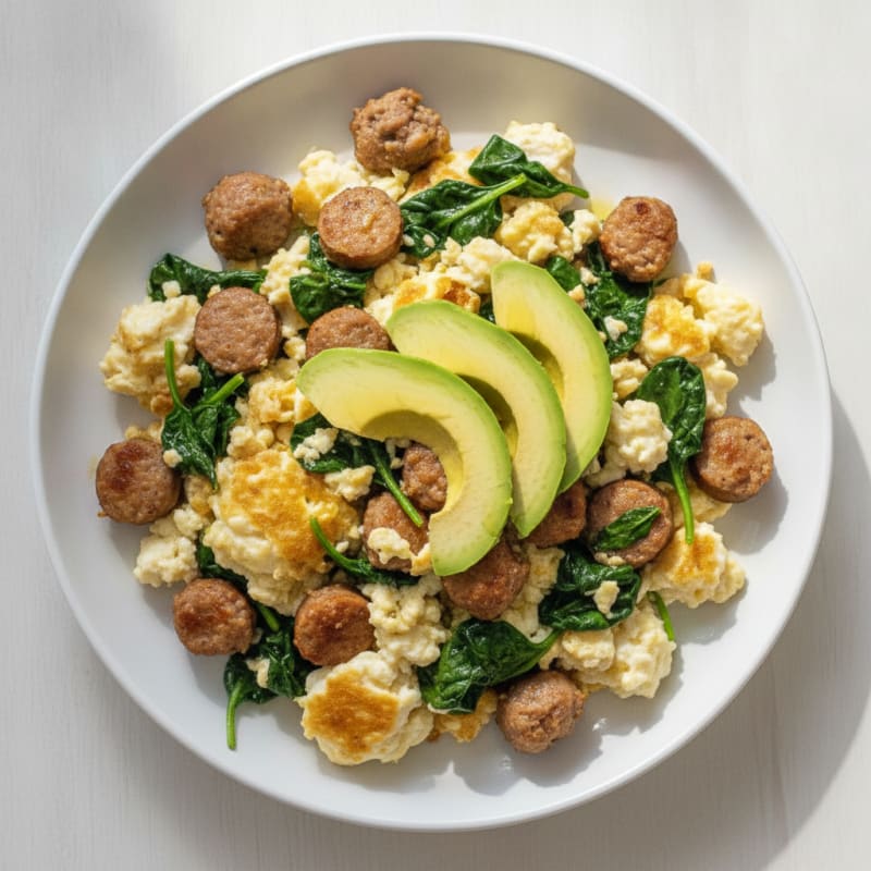 Egg White Scramble with Turkey Sausage and Sautéed Spinach