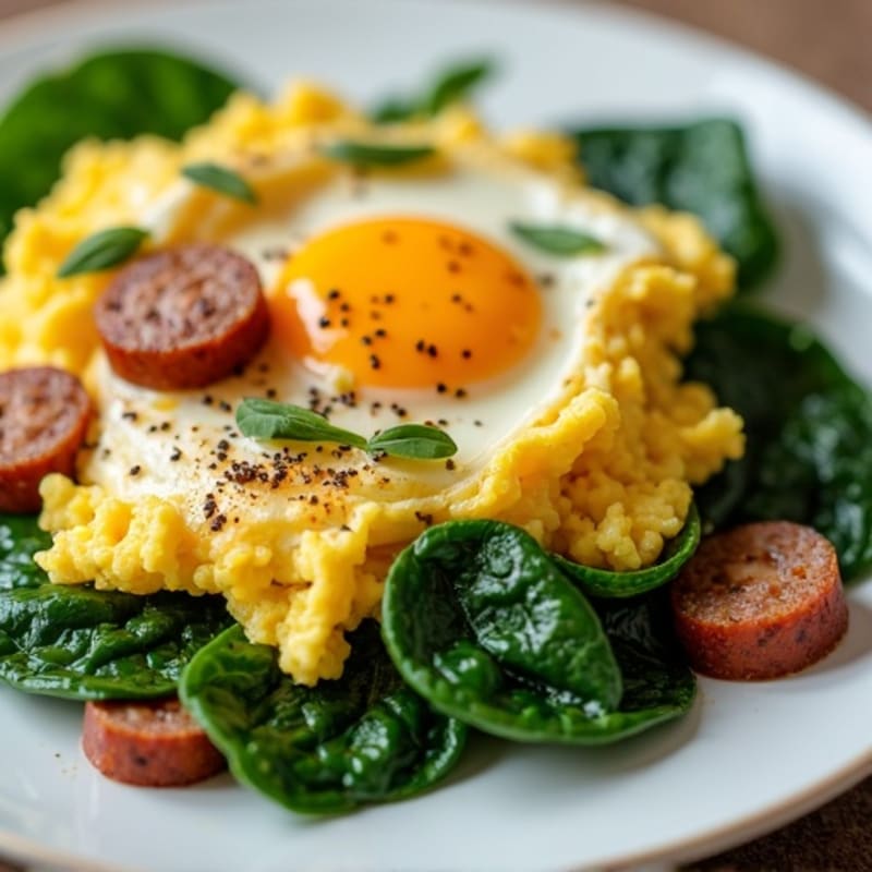 Scrambled Eggs with Chicken Sausage and Sautéed Spinach