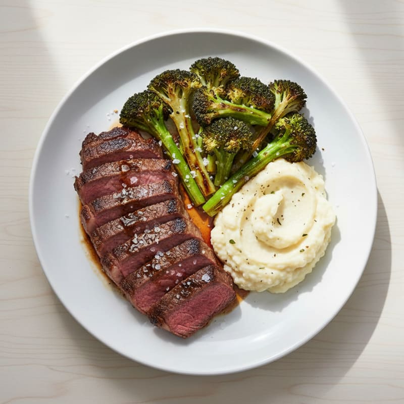 Seared Lean Beef with Roasted Broccoli and Garlic Mashed Cauliflower