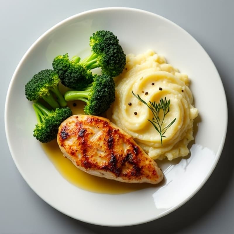 Seared Chicken Breast with Roasted Broccoli and Garlic Mashed Potatoes