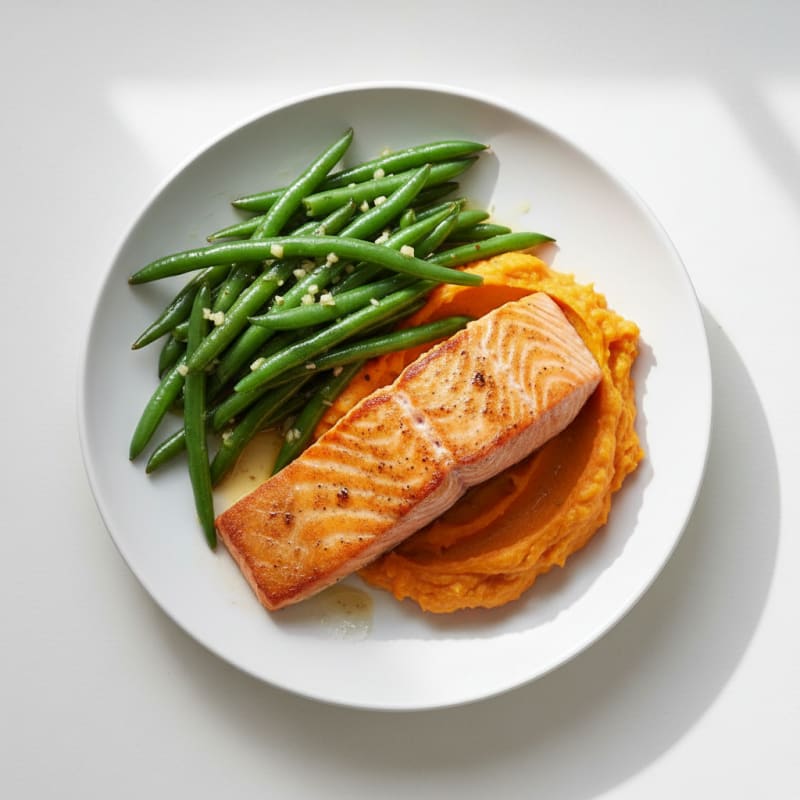 Seared Salmon with Garlic Green Beans and Sweet Potato Mash