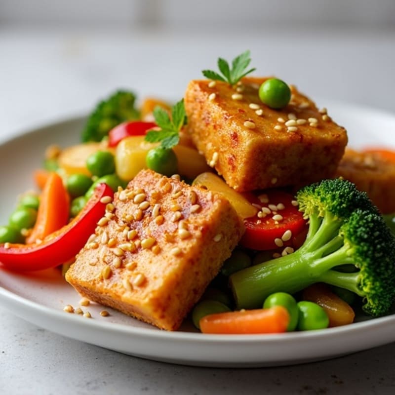 Crispy Sesame Tofu with Fresh Vegetable Stir-Fry