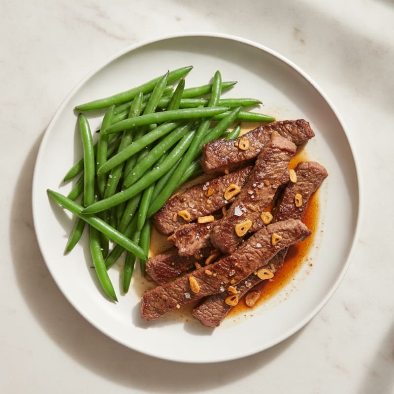 Seared Lean Beef Strips with Steamed Green Beans