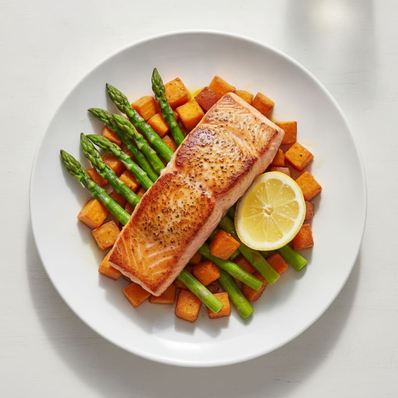 Seared Salmon with Roasted Sweet Potato and Asparagus