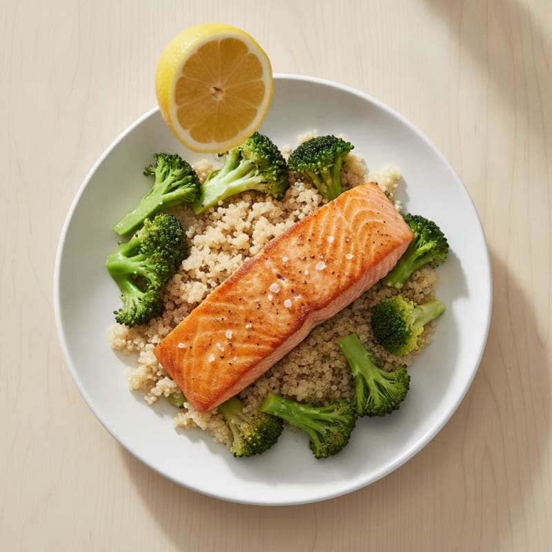 Pan Seared Salmon with Steamed Broccoli and Quinoa