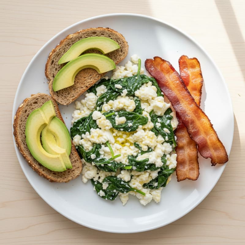 Egg White and Cottage Cheese Scramble with Spinach and Turkey Bacon