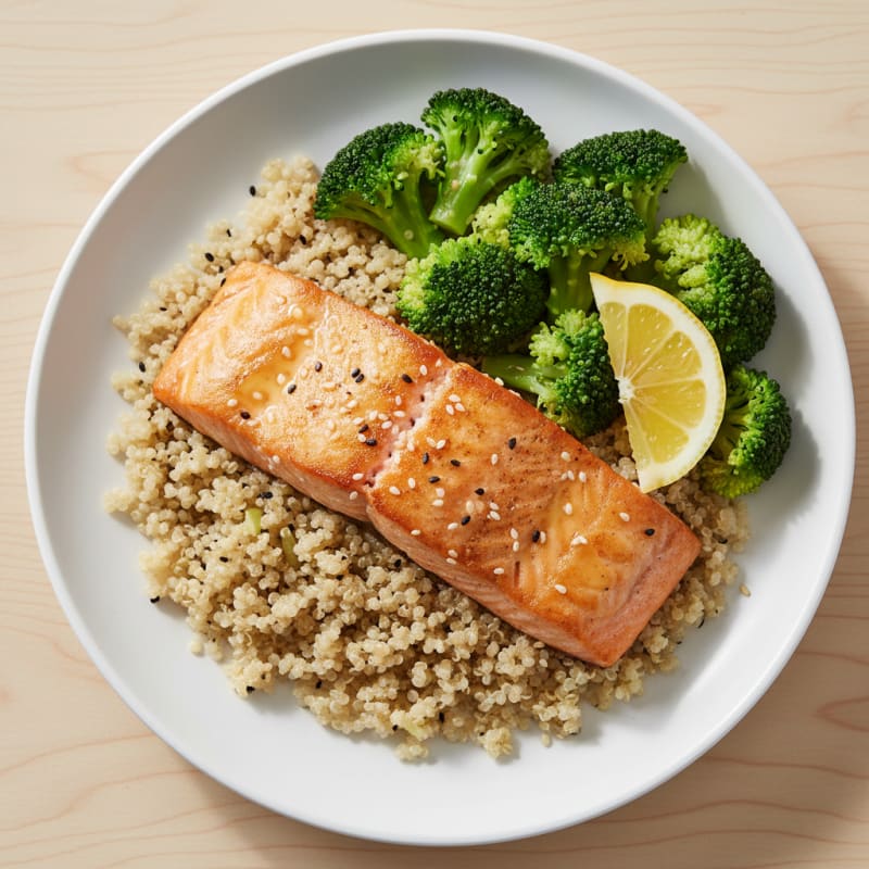 Seared Salmon with Steamed Broccoli and Quinoa
