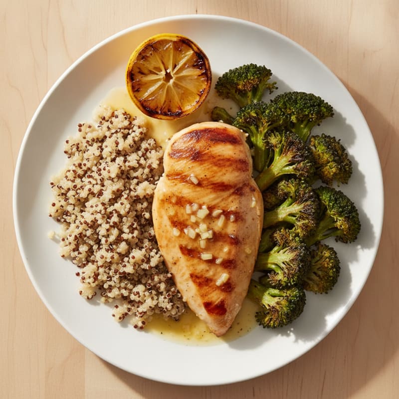Grilled Lemon-Garlic Chicken Breast with Roasted Broccoli and Quinoa