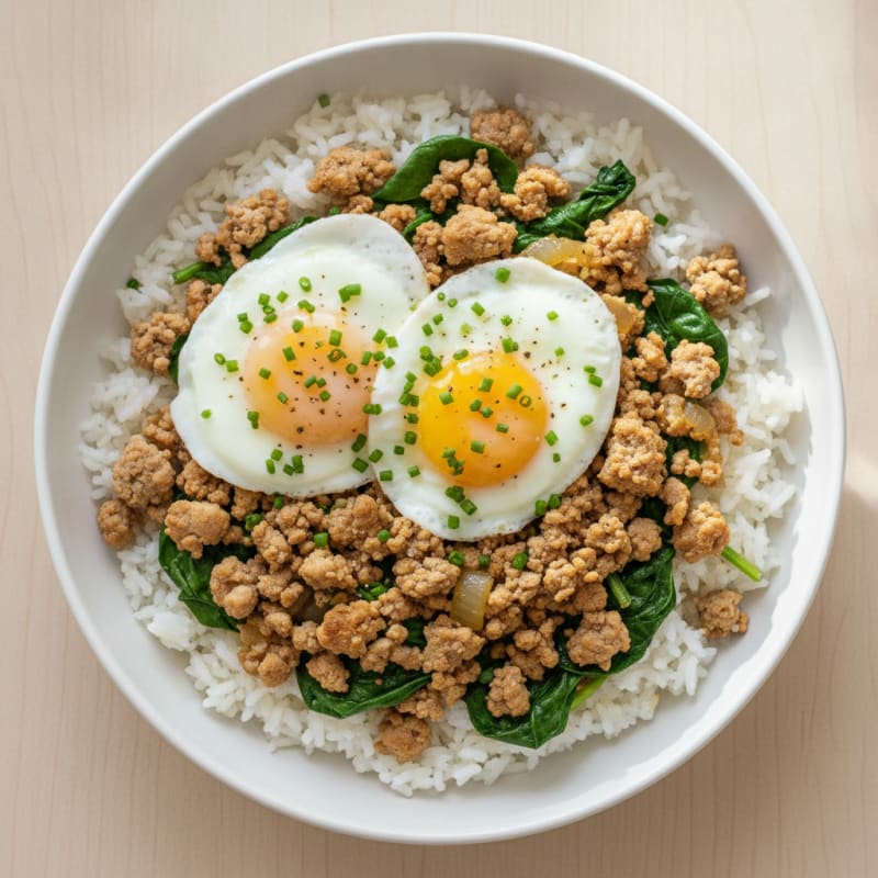 Turkey and Rice Breakfast Bowl with Eggs