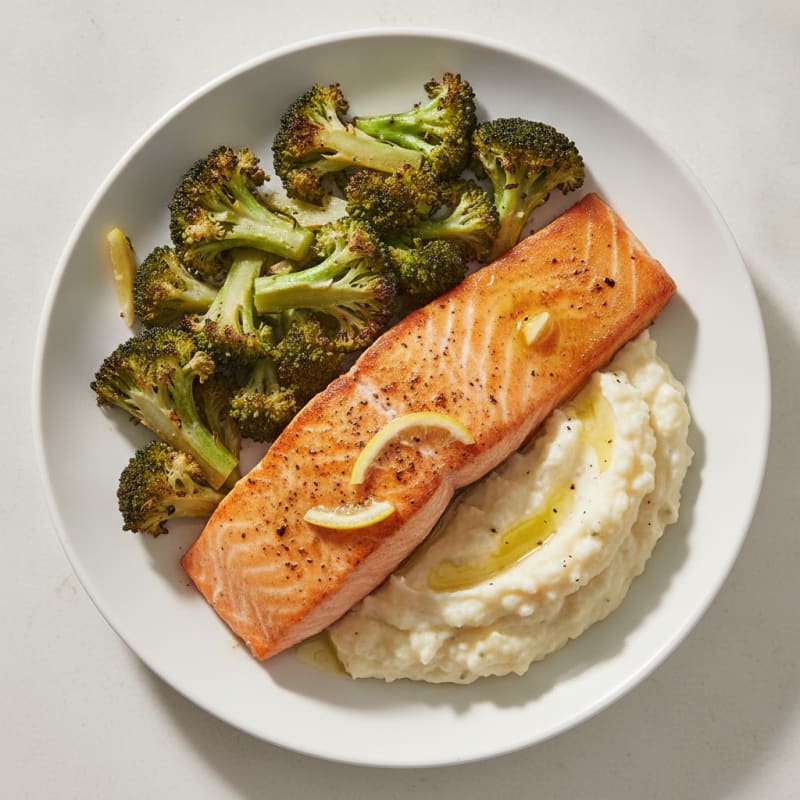 Seared Salmon with Roasted Broccoli and Garlic Mashed Cauliflower