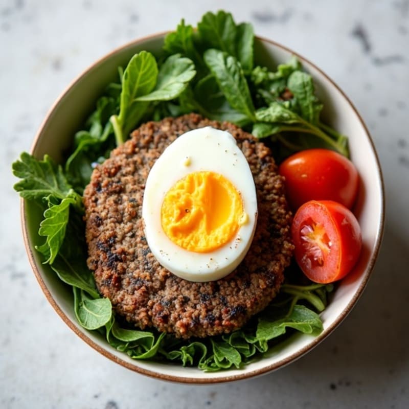 Pan-Seared Lean Ground Beef Burger Bowl with Crispy Greens and Creamy Dressing