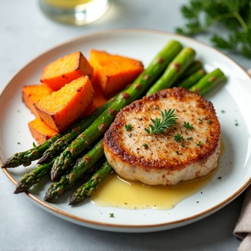 Pan-Seared Pork Chops with Roasted Asparagus and Sweet Potato