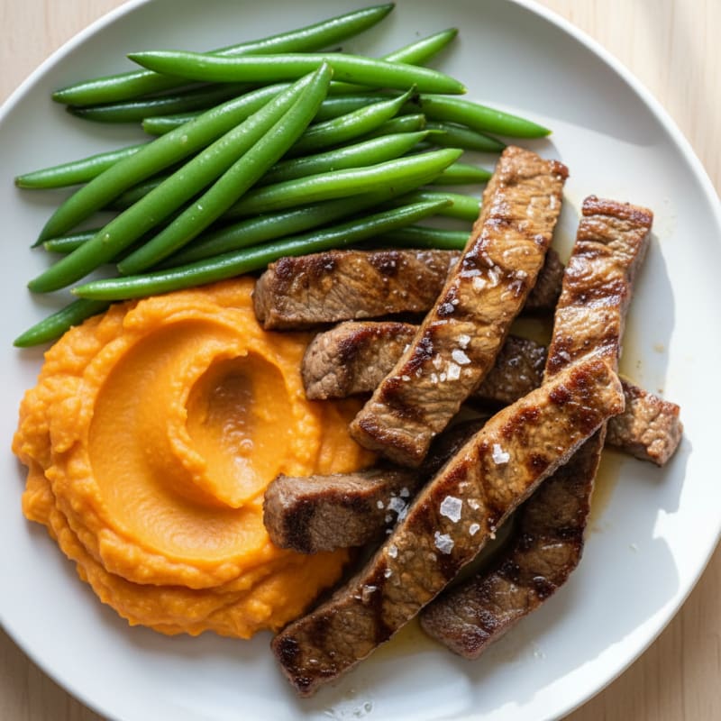 Seared Lean Beef Strips with Steamed Green Beans and Sweet Potato Mash