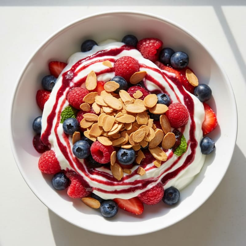 Greek Yogurt Protein Parfait with Mixed Berries and Almonds